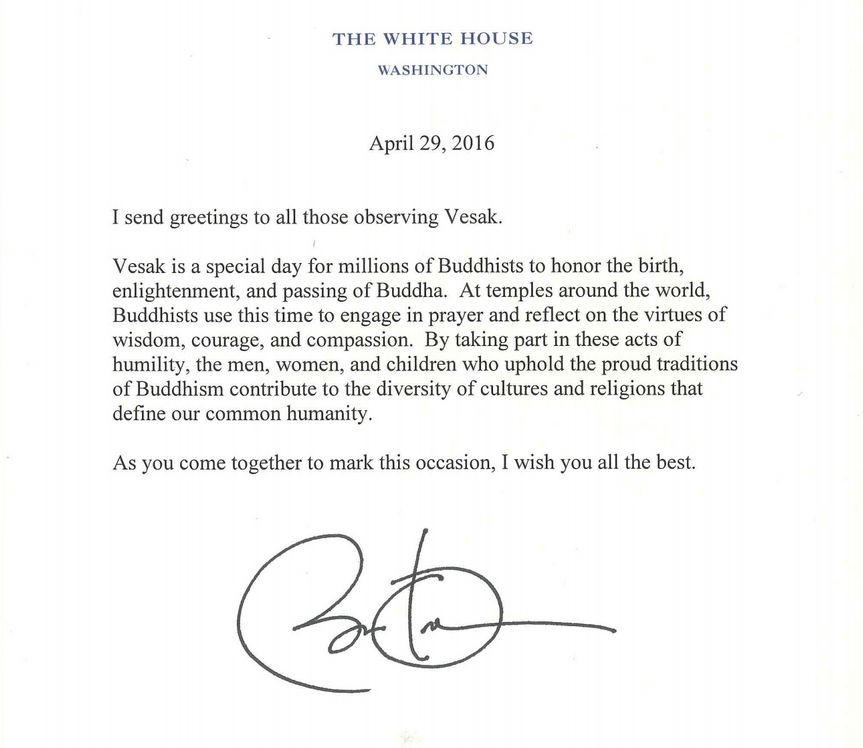 President Obama's 2016 salute to Vesak, or 