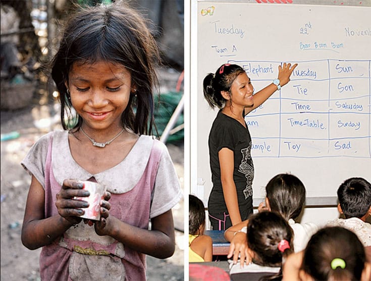 Ney Hang used to wake up at 4 am to pick garbage for survival. Today, (right) she is in second-year university and mentors children at CCF.