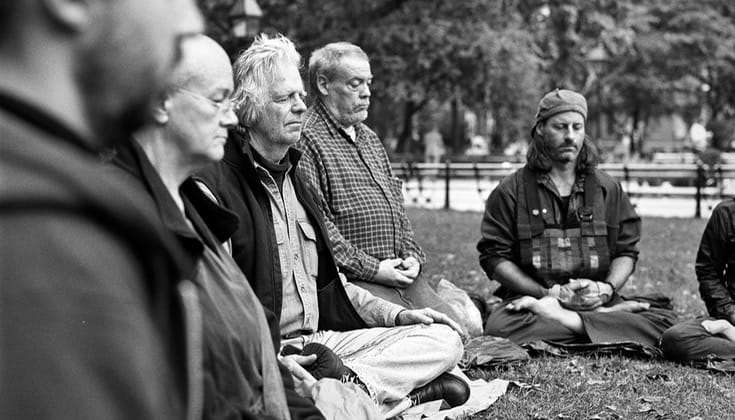 Zen practitioners meditating in Washington Square Park.