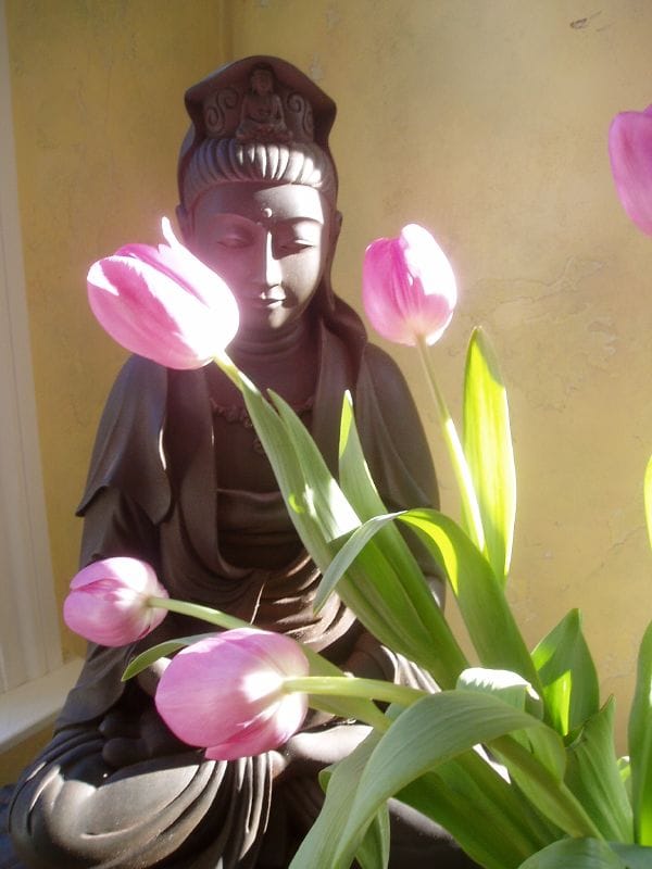 Buddhist statue of Quan Yin behind pink tulips.