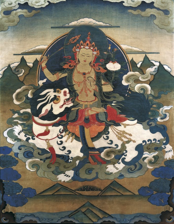 Manjushri Simhanada, a bodhisattva of wisdom, riding a lion.