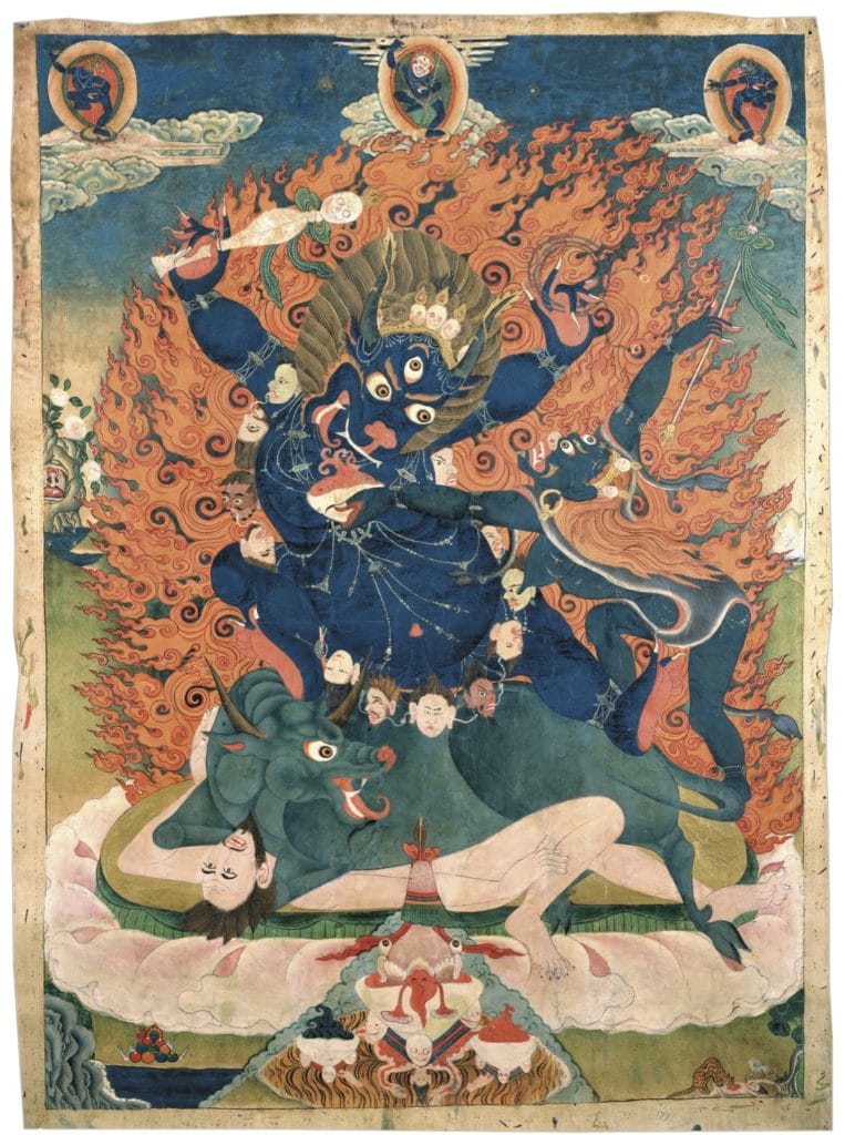 Protector Yama Dharmaraja, with the head of a buffalo. Above center is the dakini Simhamukha. Yama is a wisdom deity protector of anuttara yoga tantra.