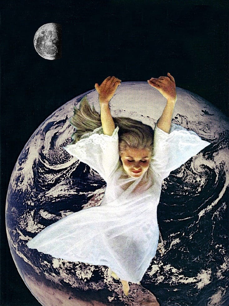 A woman in a white dress floating above the earth. The moon can be seen in the background.