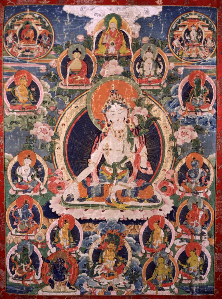 Tara - White. Tibet, 19th century, Gelug lineage, Ground Mineral Pigment Fine Gold Line on Cotton, Rubin Museum of Art, item no. 51 | www.himalayanart.org
