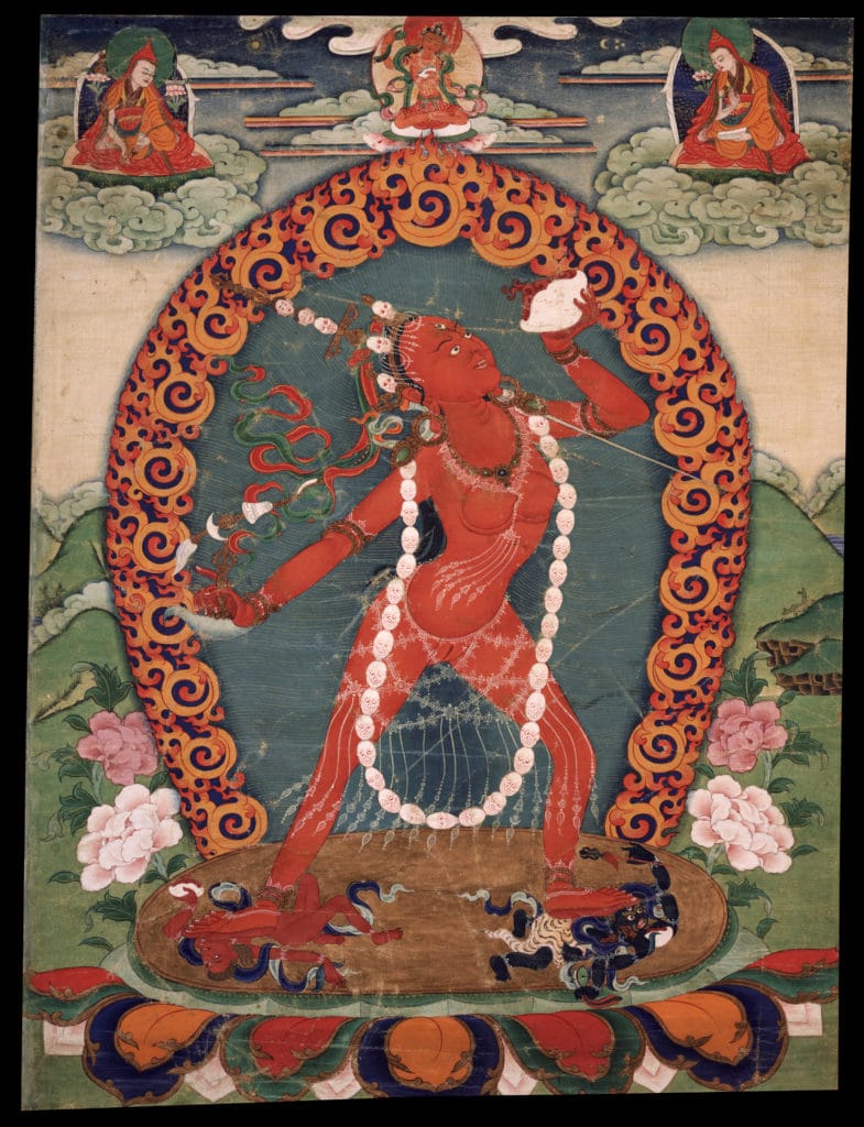 Vajrayogini (Naropa Tradition). Eastern Tibet, 19th century, Sakya, Ngor (Sakya) and Buddhist lineages,Ground Mineral Pigment on Cotton, Rubin Museum of Art, item no. 290 | www.himlayanart.org