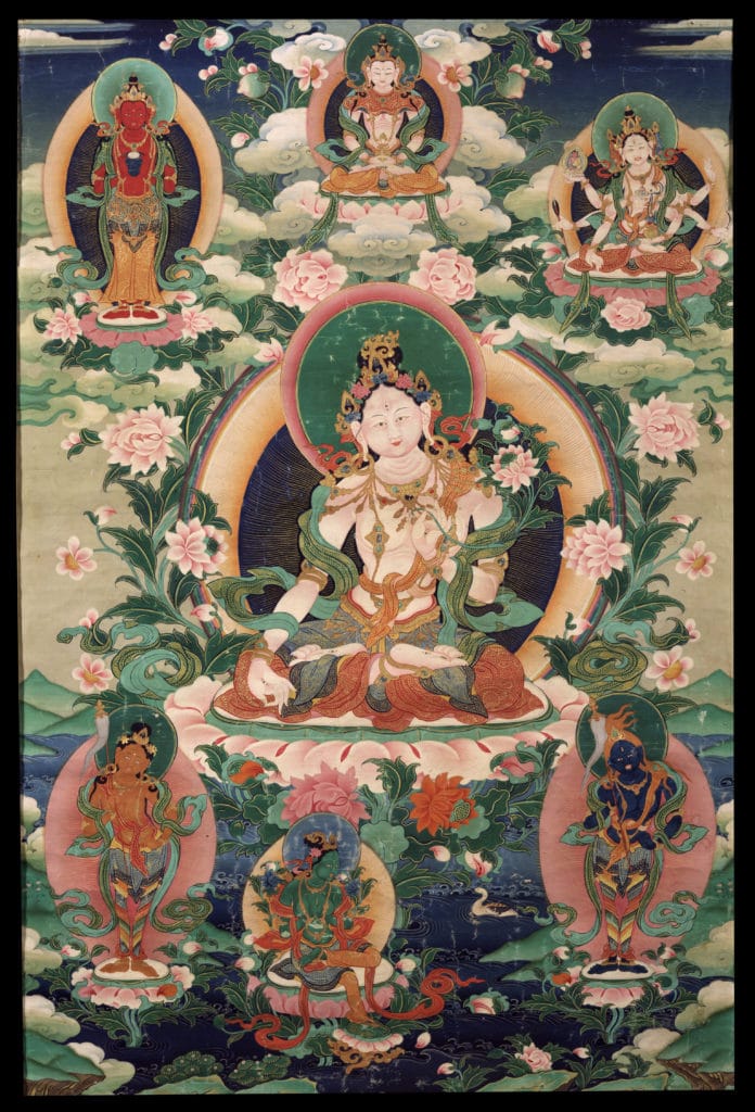 Tara - White. Tibet, 19th century, Gelug and Buddhist lineages, Ground Mineral Pigment on Cotton, Rubin Museum of Art, item no 542 | www.himalayanart.org