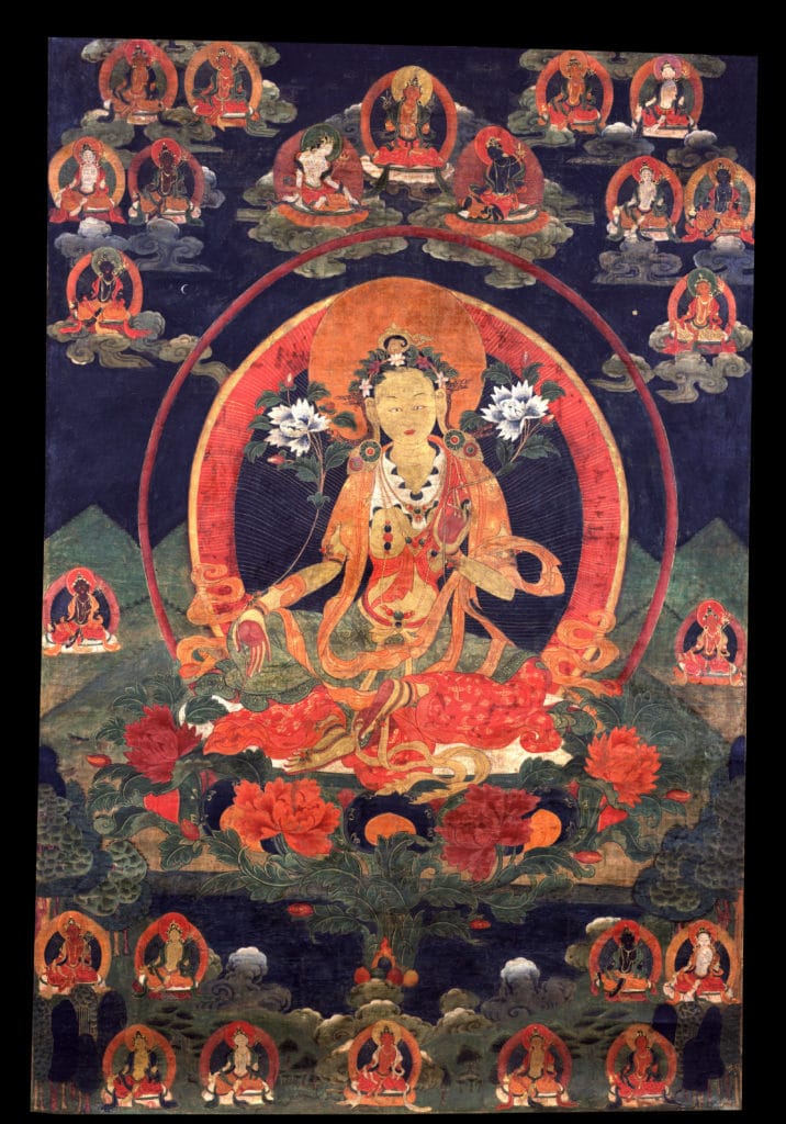 Tara - Green. Tibet, 18th century, Ground Mineral Pigment, Raised Gold on Cotton, Rubin Museum of Art, item no. 672 | www. himalayanart.org