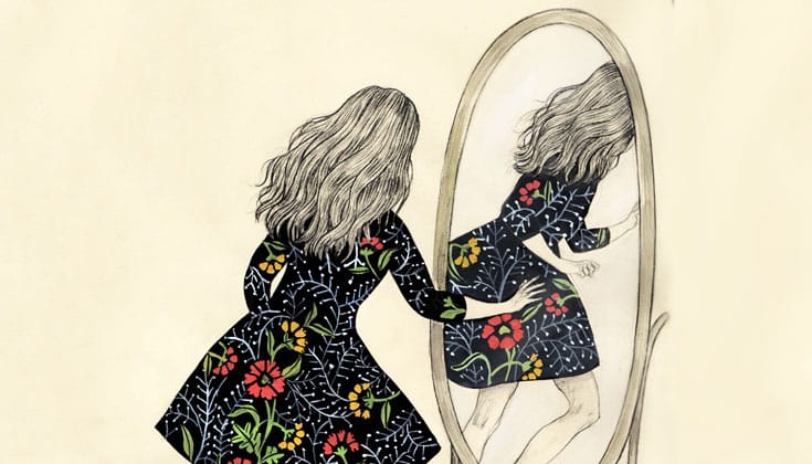A drawing of a woman walking through a mirror.