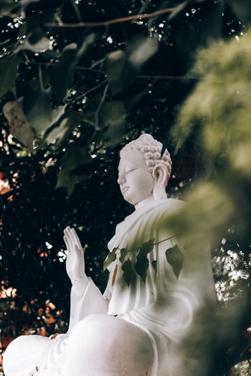 Buddha statue with leaves.