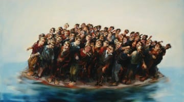 Nichola Bealing Birdgeman Art Library Painting Oil Linen Crowded Island People Water Overpopulation Small Planet Dalai Lama Lion's Roar Shambhala Sun West Wind 2006 Environment Ecology