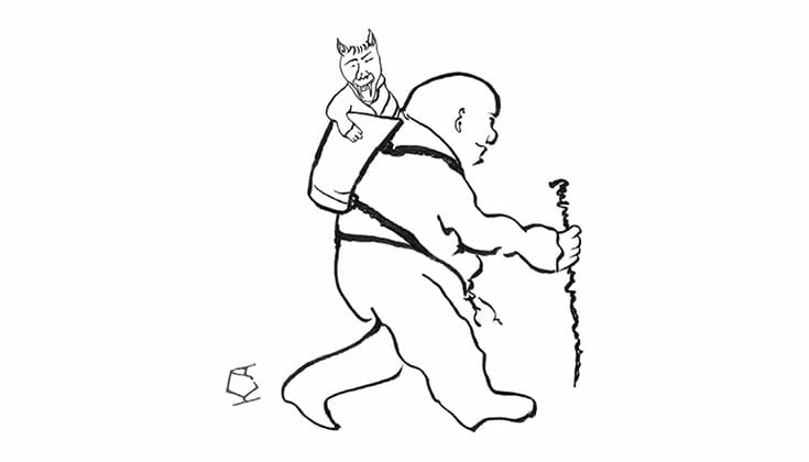 A drawing of a person walking with a backpack. There is a small devil in the backpack.