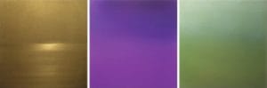 Akagane, a copper and lacquer panel; Meditation Purple and Meditation Green, both made of steel patina, pigment, urethane, and resin.