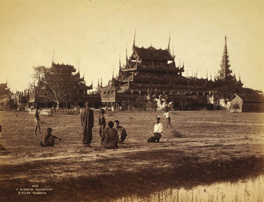 Old photo of a Buddhist building in Myanmar.