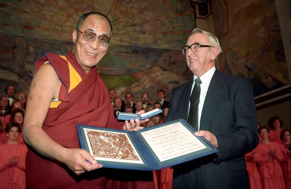 The Dalai Lama receiving the Nobel Peace Prize in 1989.