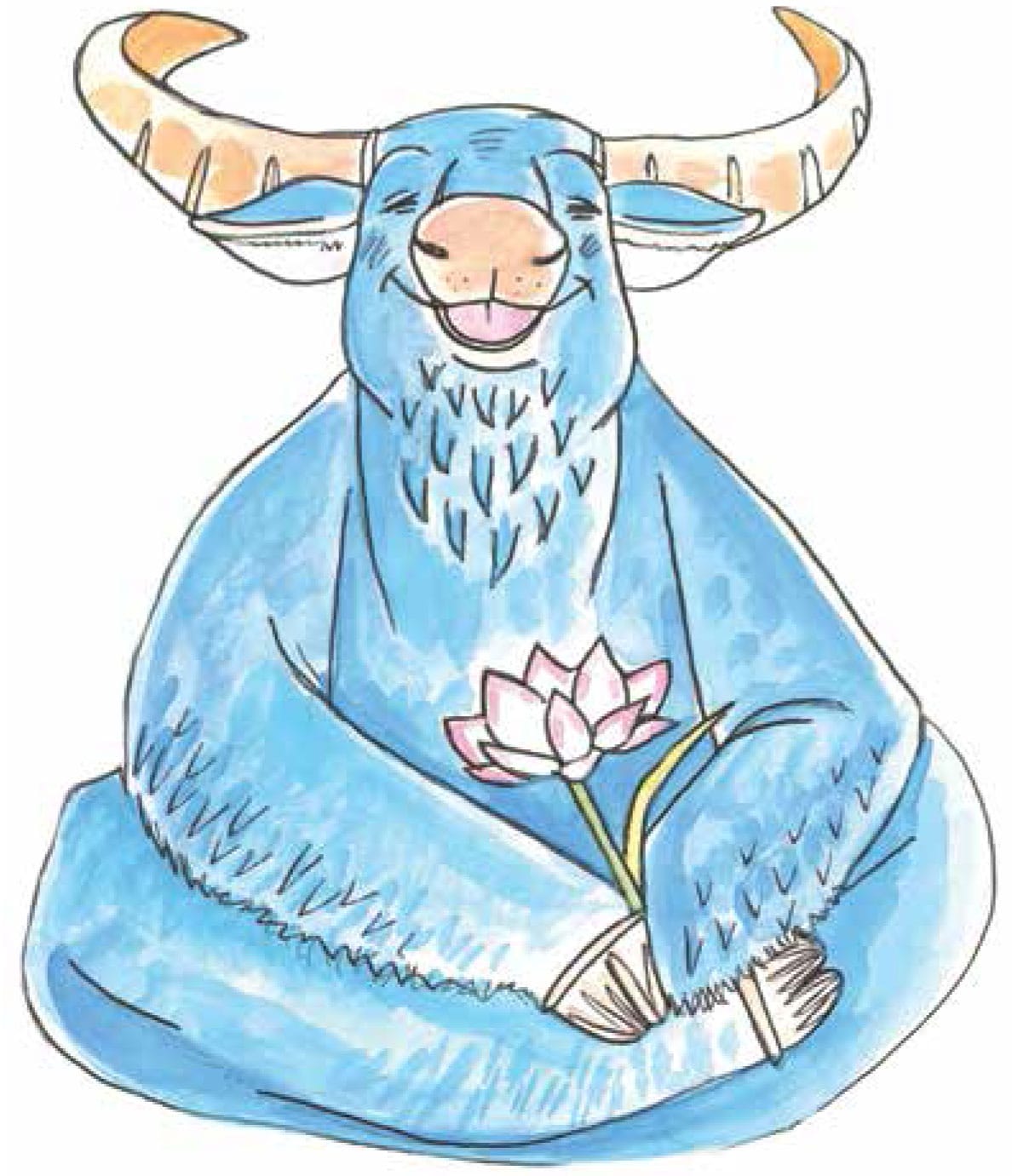 Illustration of bull holding lotus flower