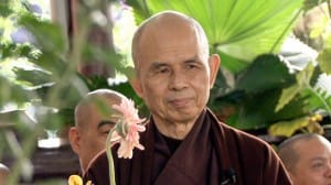 Thich Nhat Hanh in hospital with a flower.