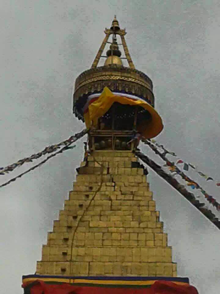 The famed Boudanath Stupa was photographed with a massive crack running down its spire on Saturday immediately after the quake. It has since been rumored to have fallen; these rumors are untrue.