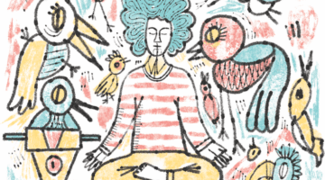 Person meditating surrounded by noise.