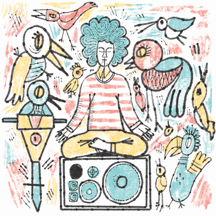Person meditating surrounded by noise.