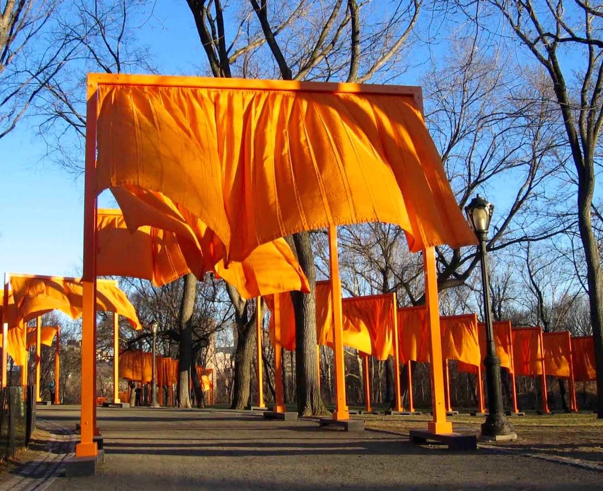 Here representing dharma gates, in February 2005, artists Christo and Jeanne-Claude installed 7,503 saffron gates along 23 miles of walkways in Central Park, inspired by traditional Japanese torii gates. Photo via julianoassociates.blogspot.ca.