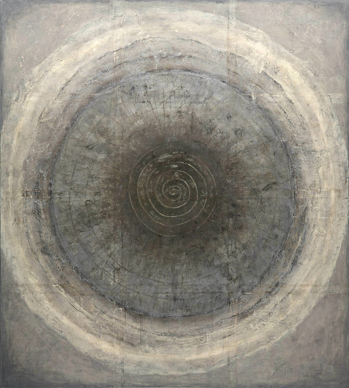 A painting of circles within each other with a swirl in the middle.