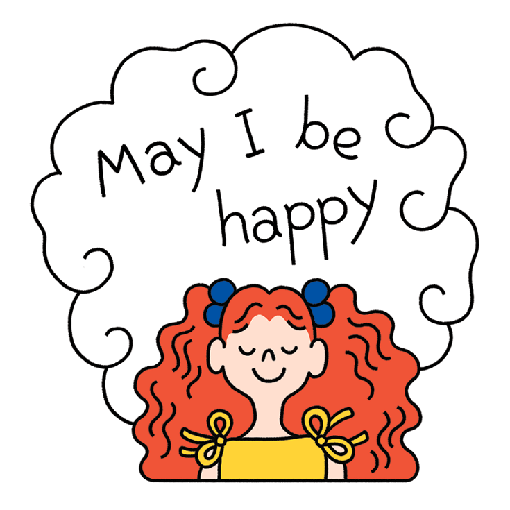 Illustration of girl meditating "may I be happy" 