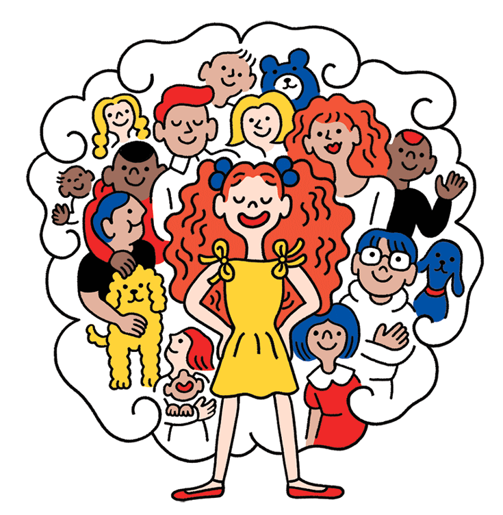 Illustration of girl thinking about many smiling people 