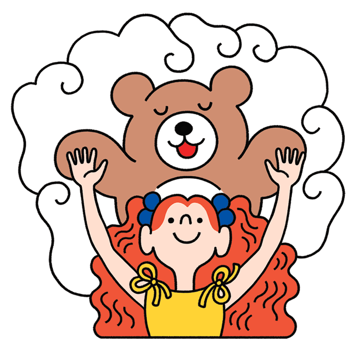 Illustration of girl raising her arms and imagining a bear