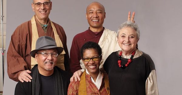 angel Kyodo williams (bottom center), with (clockwise), Larry Yang, Norman Fischer, Anam Thubten, and Sylvia Boorsten, in an outtake from the cover shoot for Lion’s Roar #1.