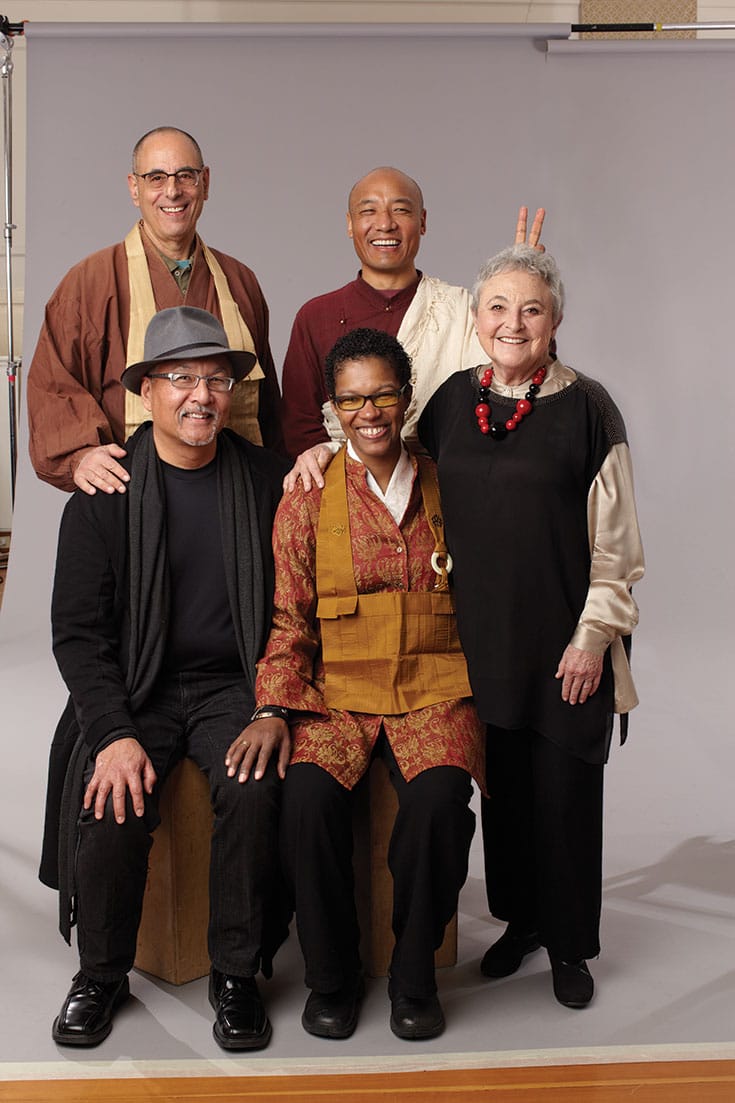 angel Kyodo williams (bottom center), with (clockwise), Larry Yang, Norman Fischer, Anam Thubten, and Sylvia Boorsten, in an outtake from the cover shoot for Lion’s Roar #1.
