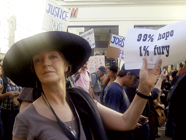 Rebecca Solnit’s activism embraces income inequality, injustice and climate change. Here she is pictured at an early Occupy Wall Street demonstration in San Francisco. Photo courtesy if Rebecca Solnit.