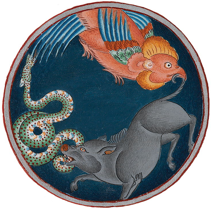 Rooster, pig, and snake, symbolizing the three poisons. Detail from Bhavacakra (wheel of life). With permission of the Royal Ontario Museum.