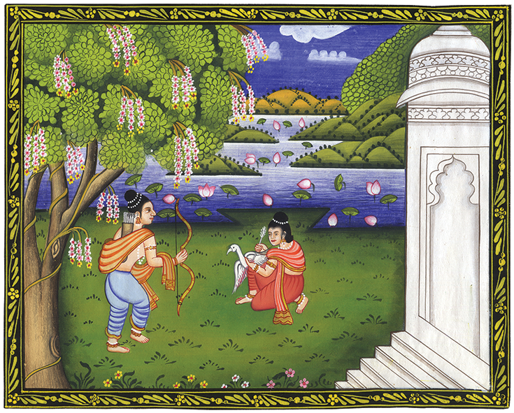 The young prince Siddhartha rescues the wounded swan in a painting.