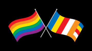 Buddhist flad and pride flag.