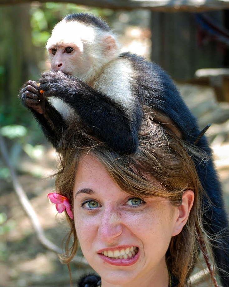 A monkey sits on a girl's head.