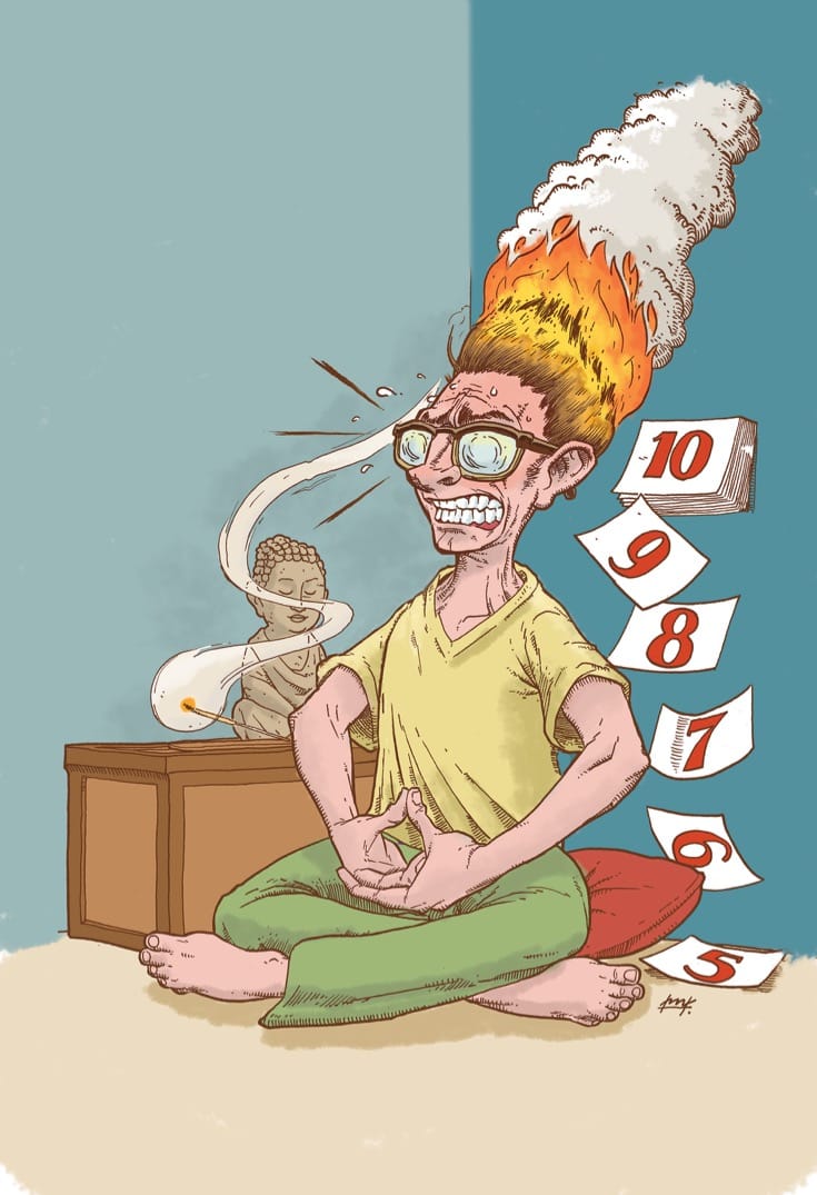 Illustration of a man sitting zazen with his hair on fire.
