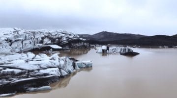 Ice melting into the water. Environmental crisis. Climate change. Buddhists.