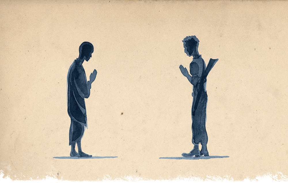 Illustration of monk and soldier bowing to each other