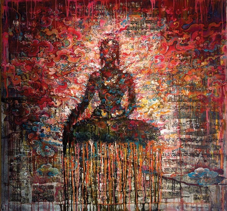 "Self-Immolation," 2012, by Tashi Norbu. Mixed media on canvas, acrylic, scriptures, Indian ink.