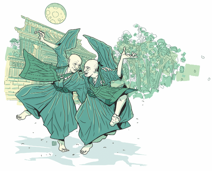 Illustration of dancing monks.