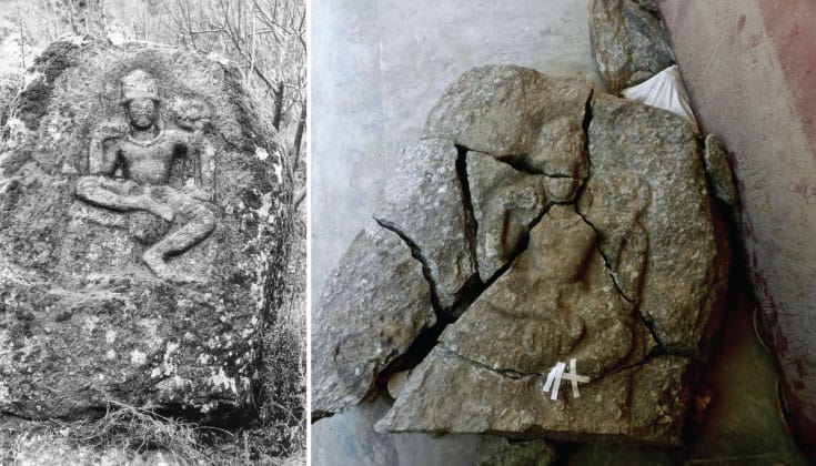 Left, an intact carving of Avalokitesvara on a boulder. Right, the same carving reassembled after it was blasted by the Taliban.
