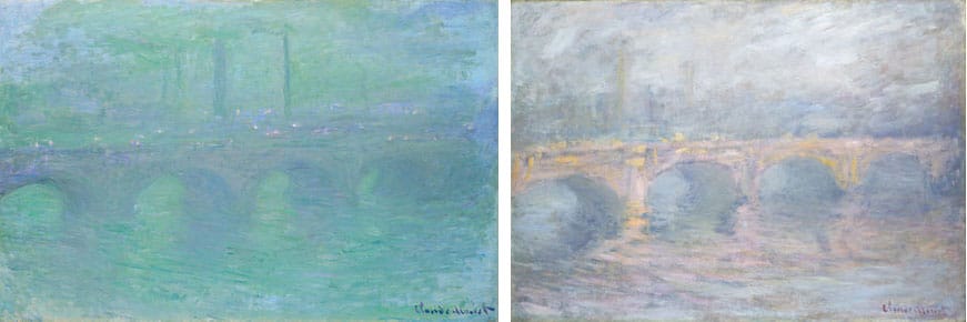 "Waterloo Bridge, London, at Dusk" (left) and "Waterloo Bridge, London, at Sunset" (right), by Claude Money, 1904. Courtesy National Gallery of Art, Washington, D.C.