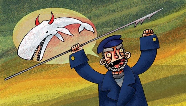 A drawing of an old man holding a spear. He is thinking of a whale with devil horns.