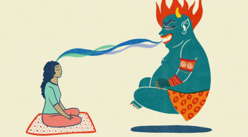 Illustration of a meditator feeding a mara demon.