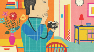Contemplative photography illustration of a man holding a camera
