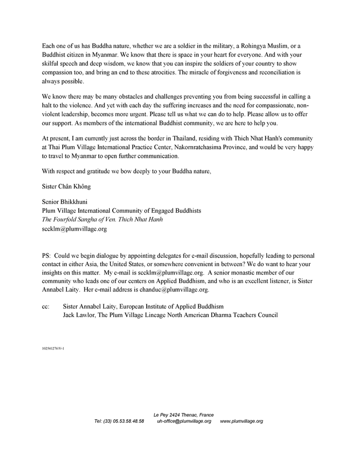 Letter from Sister Chan Khong to Aung San Suu Kyi.