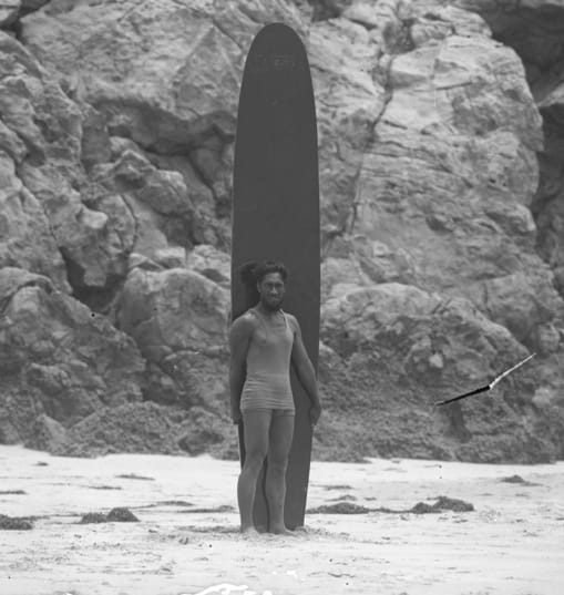 Duke Kahanamoku (1890-1968) not only helped popularize surfing, but modeled the lifeguard's ideal of selflessness as well. Kahanamoku, who competed as a gold- and silver-medal-winning US Olympic swimmer in 1912, 1920, and 1924, saved the lives of eight fishermen in Newport Beach's harbor in 1925. The city's police chief called this "the most superhuman surfboard rescue act the world has ever seen." Photo: public domain.