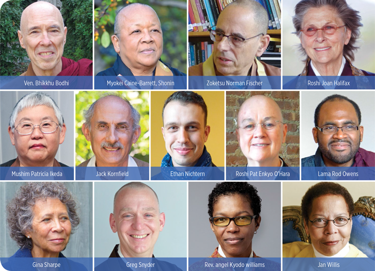Headshots of different Buddhist teachers. Myokei Shonin by Jan Louy; Mushim Ikeda by Lauren Rudser; Greg Snyder by MArcia Lieberman; angel williams by Christine Alcino, Jan Willis by Marlies Bosch.