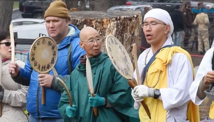 Buddhist nun and activist Jun-San Yasuda (center) at Split Rock-Sweetwater Prayer Camp in Mahwah, NJ.