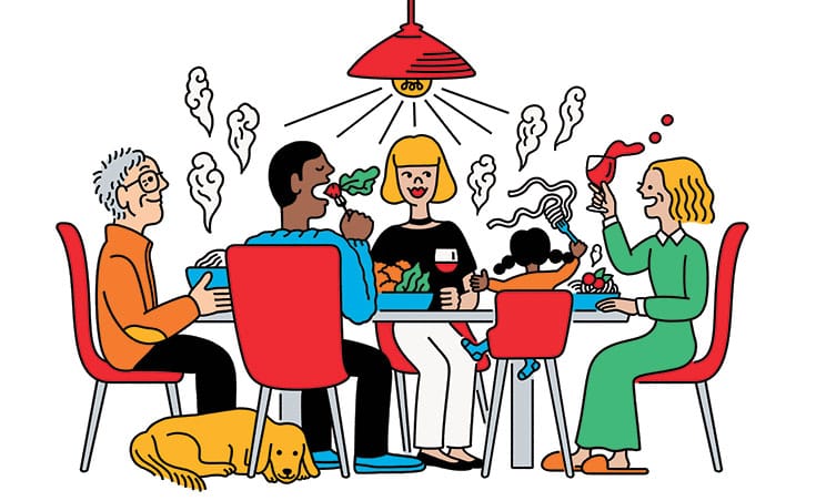 Cartoon illustration of five people eating dinner at a table together